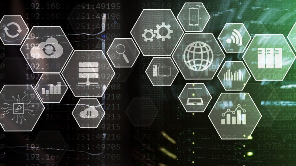 A banner image depicting cloud-native application development services and its usual components floating atop a palm